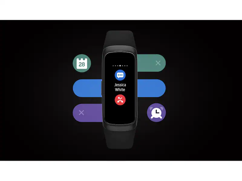 Samsung Galaxy Fit2 on wrist displaying heart rate