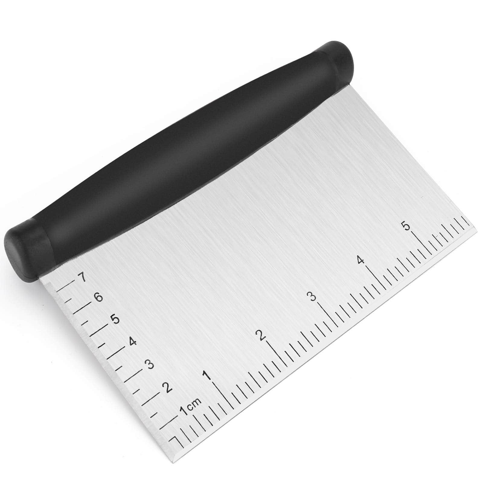 Chef using stainless steel scraper on cooking surface