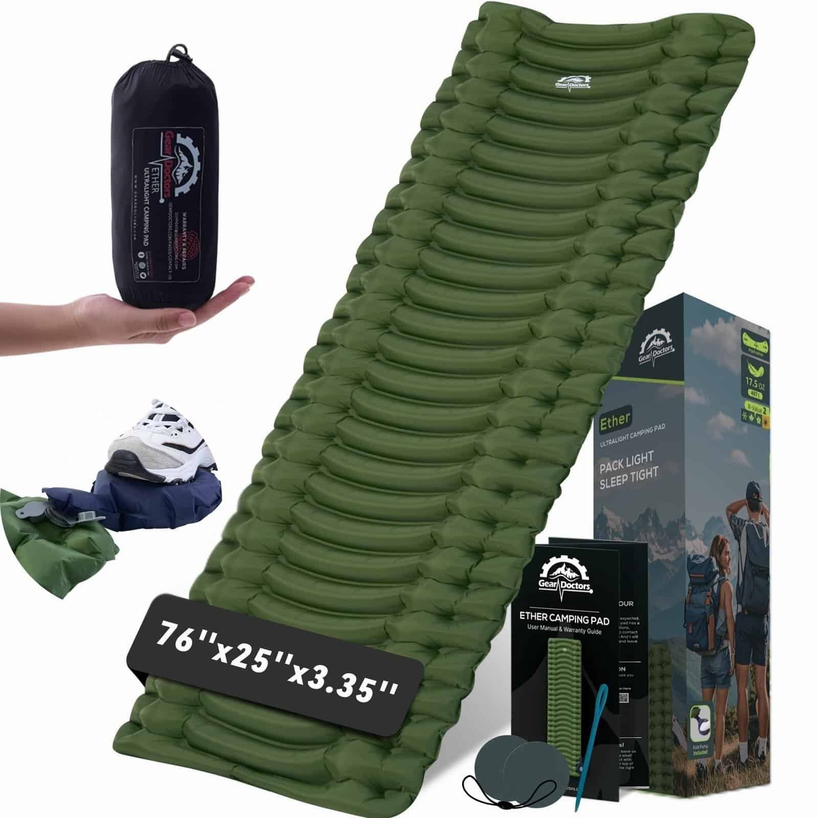Portable air mattress set up inside a camping tent