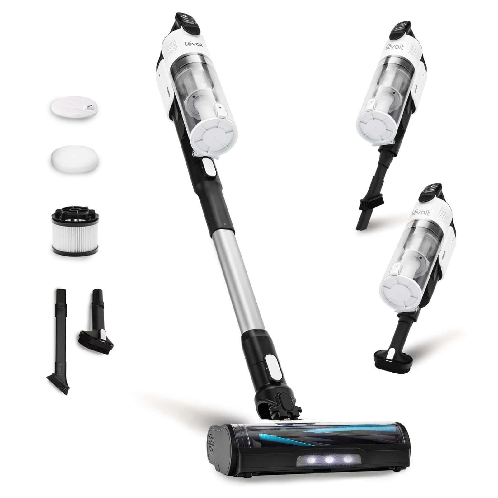 Close-up of cordless vacuum cleaning hardwood floor