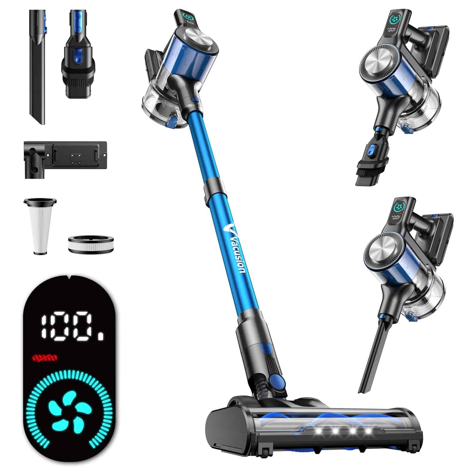 Cordless stick vacuum cleaner standing in modern living room