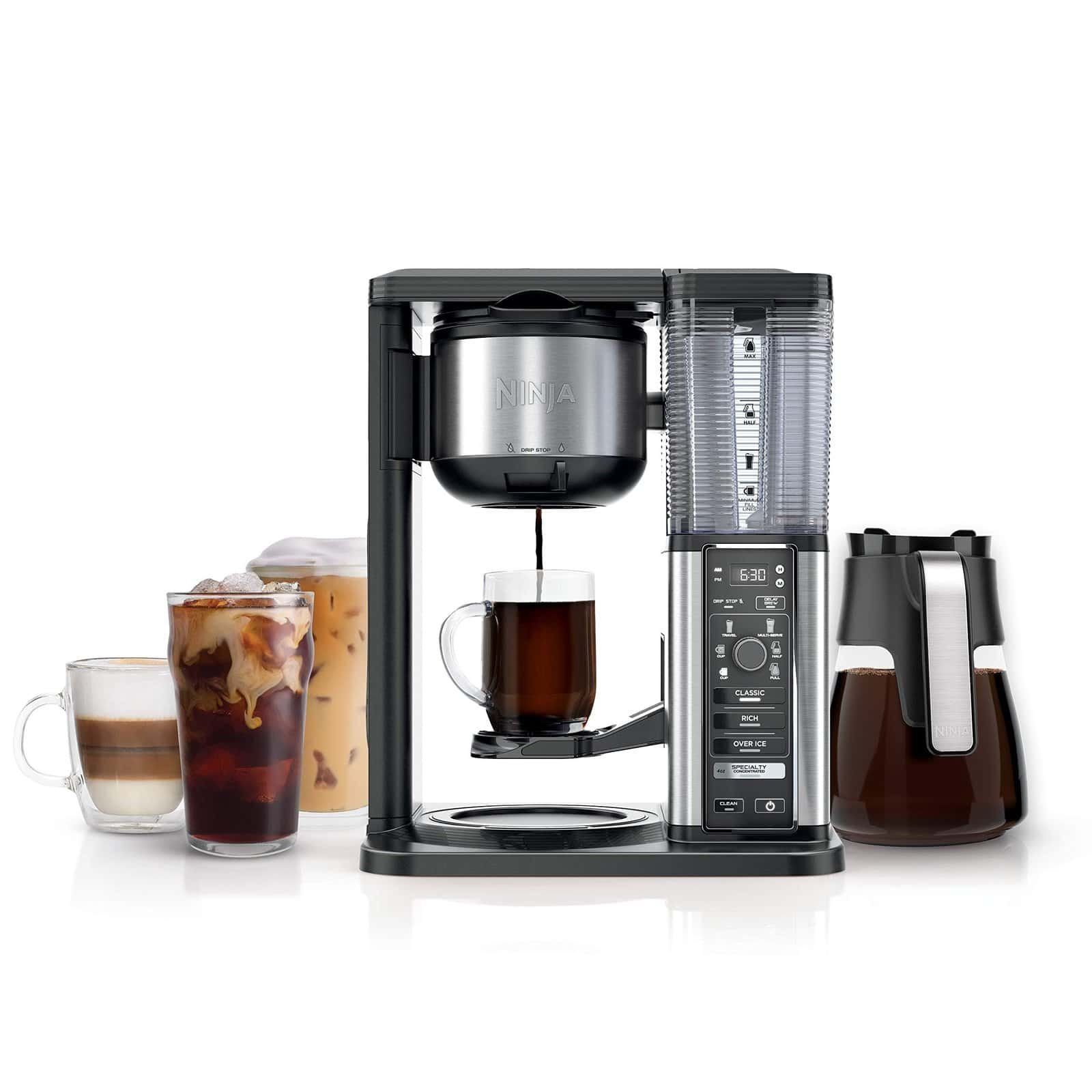 Modern coffee maker brewing fresh cup in kitchen