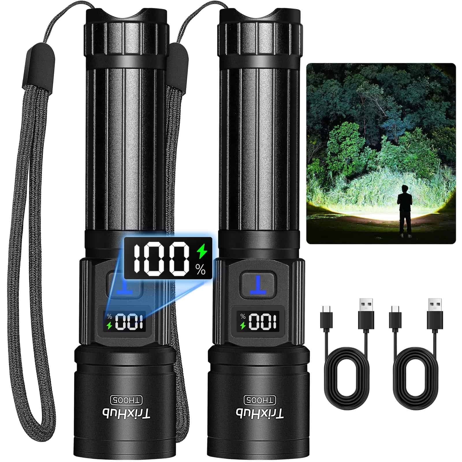 Wide beam flashlight illuminating outdoor campsite at night